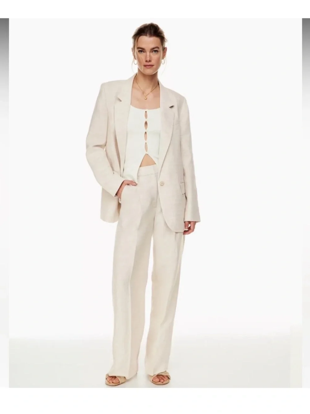 Aritzia Effortless Linen blend pant full length ecru pleated waist 6 nwt